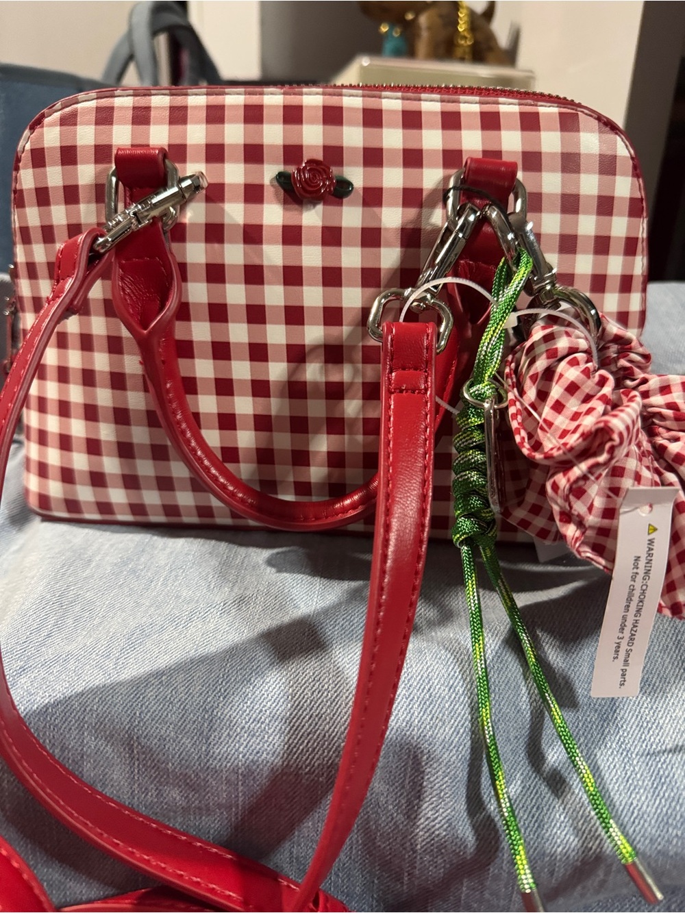 Steve Madden Red Gingham Satchel with Green Charm Bfayth crossbody with strap - Picture 3 of 10